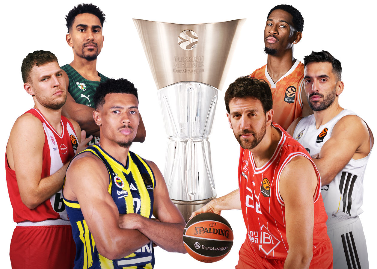 Sechs Spieler aus der EuroLeague blicken fokussiert in die Kamera.